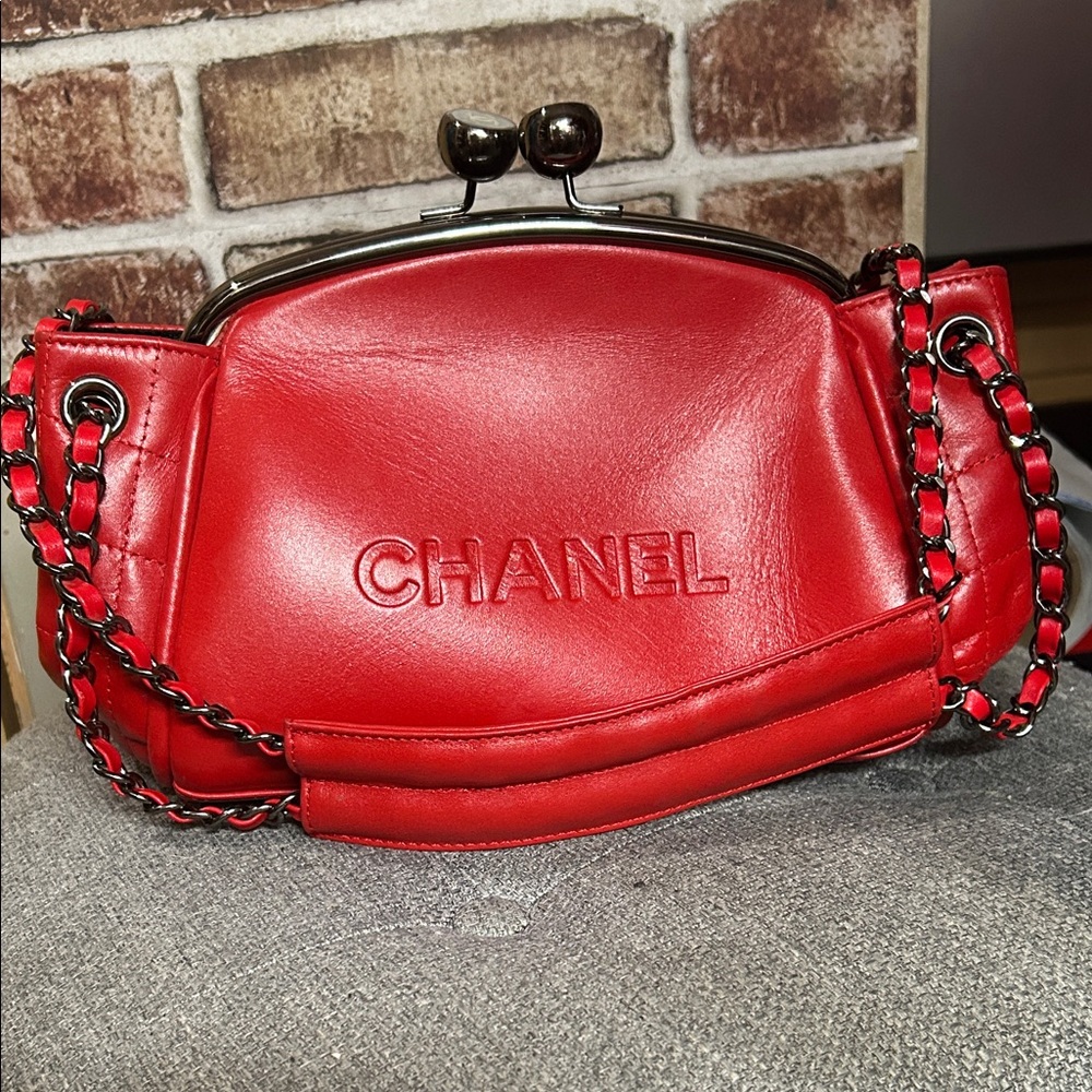 Chanel Red Leather Clutch with Chain